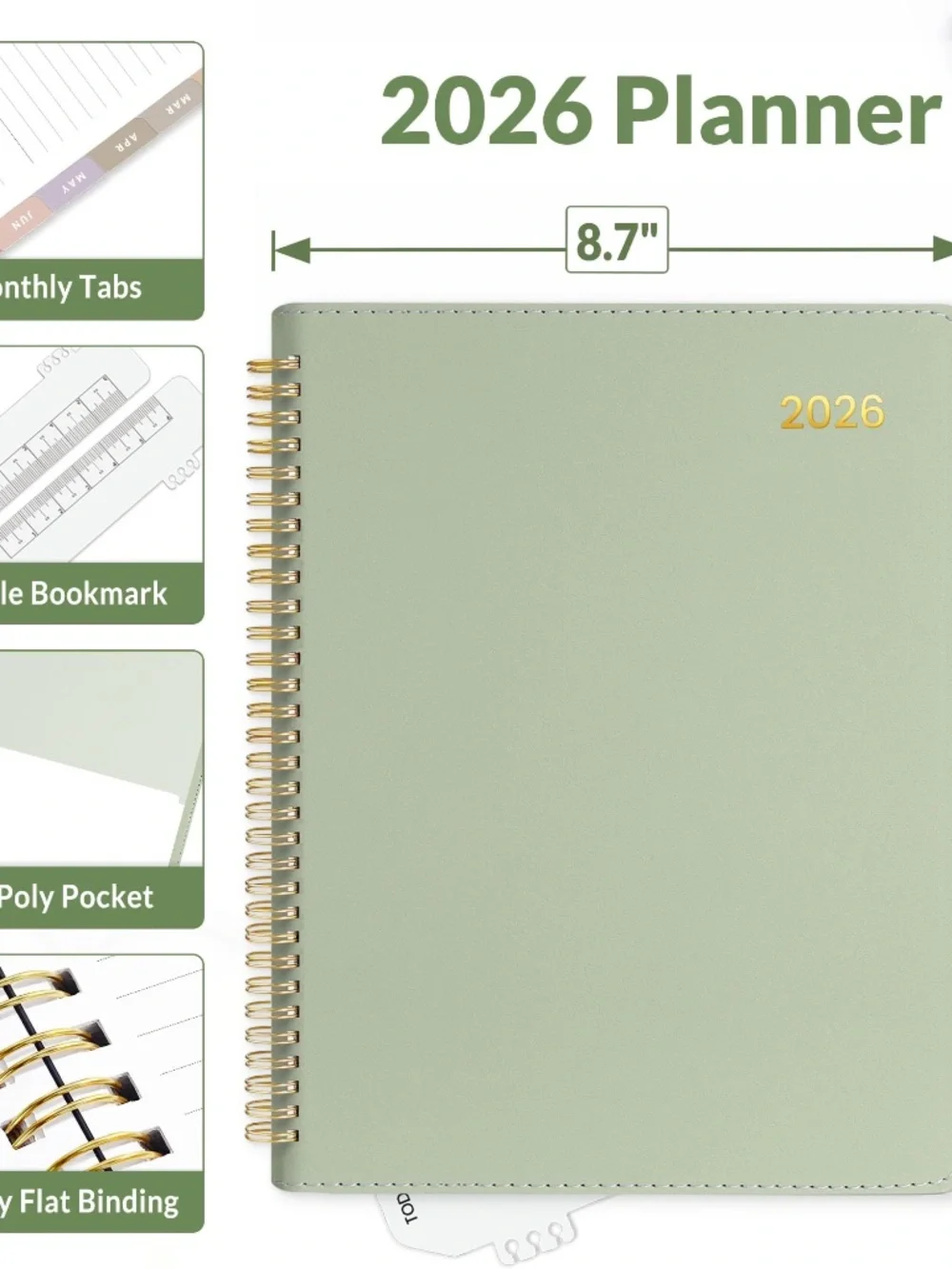 '26 Weekly/Monthly Cal/Planner, Vegan Leather, Bookmark, Tabs, Sage (ASIN-VDF5)